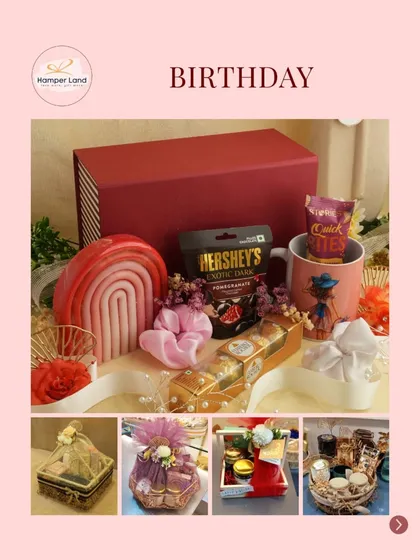A vibrant birthday hamper packed with treats. This gift includes a rainbow candle, Hershey's chocolates, a cute mug, and scrunchies, all arranged in a bright red box to make their special day even more colorful.
