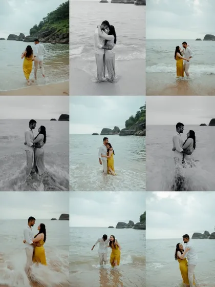 A collection of playful moments in the waves at a Goa beach. This collage is full of energy and laughter, showing the fun and spontaneous side of a pre-wedding shoot.