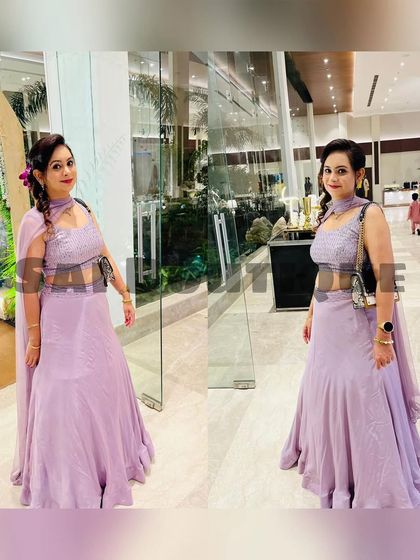 A lovely lavender lehenga with a stylishly cut blouse. This is a great color and style for a summer wedding or engagement party.
