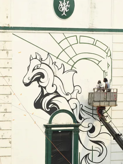 Another action shot from the horse mural project. You can see the scale of the wall and the teamwork involved in a project this big.
