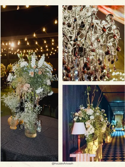 A collage of details from the black and gold Sangeet, including the crystal chandeliers, string light ceiling, and lush white floral arrangements that softened the dramatic theme.