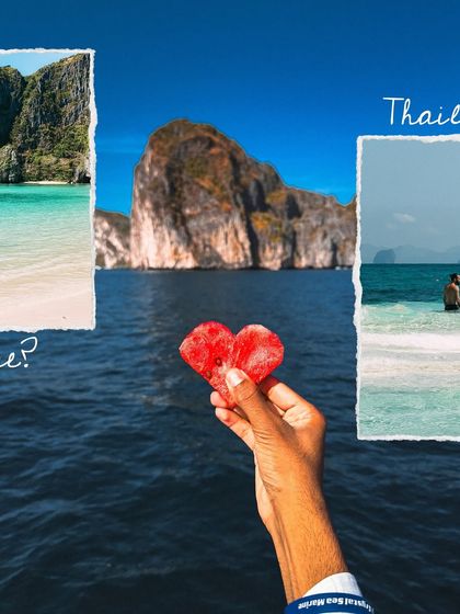 A creative collage showing my love for Thailand, with its stunning beaches and iconic long-tail boats.