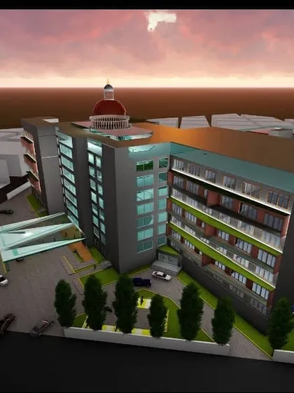 This is an aerial view from a five-star hotel concept I designed. My work on large-scale commercial architecture focuses on creating a cohesive and luxurious guest experience, from the grand entrance and landscaping to the functional layout of the entire complex.