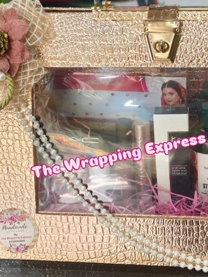 I also create custom hampers for cosmetics and accessories. This rose-gold vanity box is filled with makeup and skincare products, making it a perfect and practical gift for a bride-to-be or for any special occasion.