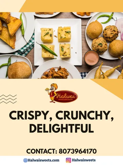 Our snack selection is crispy, crunchy, and delightful. This image shows a variety of our offerings, from bread pakoda and dhokla to vada and mirchi bajji.