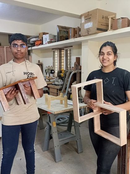Swati, a mechanical engineer, designed and built this interlocking corner shelf. Nakul, a 9th grader, started his woodworking journey by building this small stool with hand tools.