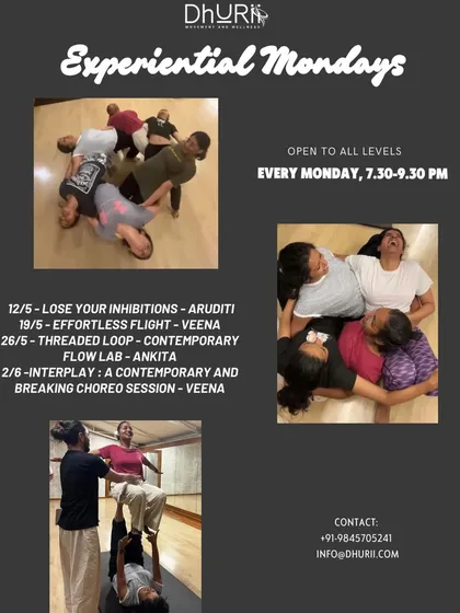This poster for Experiential Mondays captures the spirit of our sessions: connection, play, and losing your inhibitions. Join us to explore contemporary flow, interplay, and the joy of moving together in a space free of judgment.