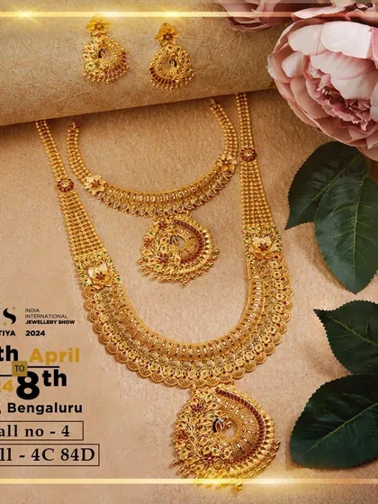 Our premium bridal collection on display. This image features a layered yellow gold set with intricate detailing, perfect for retailers looking to stock high-value wedding jewellery.