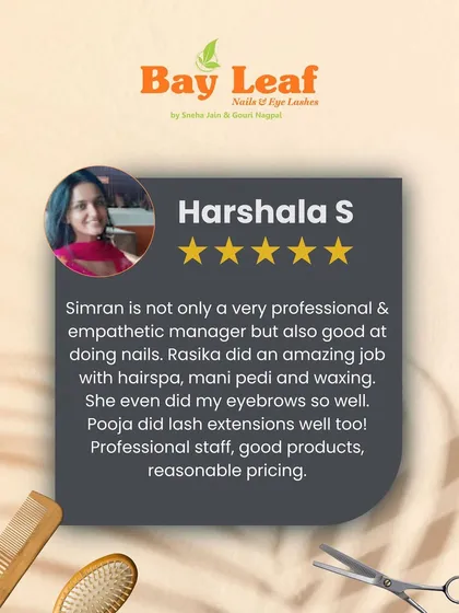 A wonderful review praising our team members Simran, Rasika, and Pooja for their work in nails, hair spa, waxing, eyebrows, and lash extensions. We pride ourselves on having a professional team and reasonable pricing.
