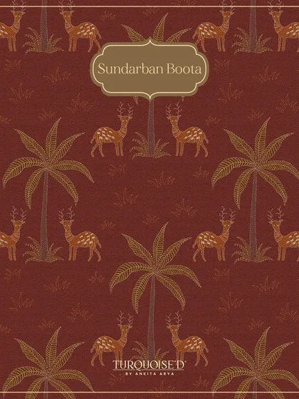 A swatch of the Sundarban Boota wallpaper. This design isolates the deer and palm tree motifs from the main jaal, creating a simpler, more rhythmic pattern that still tells a story of the forest.