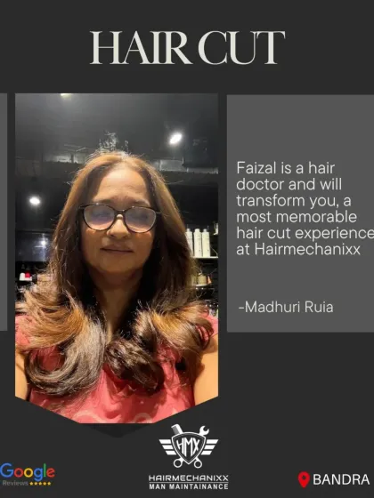A happy client showing off her fresh haircut with soft, bouncy layers. We don't just cut hair; we are hair doctors who craft a style that transforms you and makes the experience memorable.