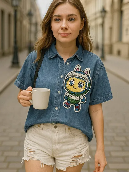 Brighten up your day with this cheerful Labubu character patch on our classic short-sleeve denim shirt. The high-quality embroidery makes the design truly stand out.