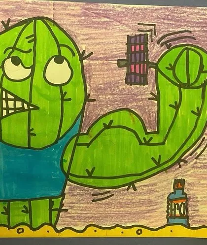 Another version of the gym-loving cactus, showing a different angle and expression. Students learn to modify characters to tell a different story.