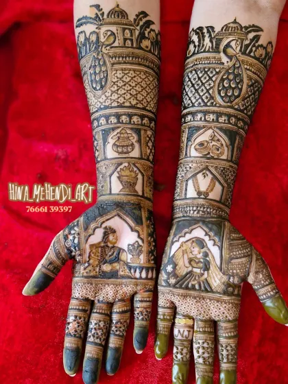 A beautiful depiction of a bride and groom in traditional wedding attire. This portrait mehendi uses negative space to make the figures stand out, framed by classic patterns.