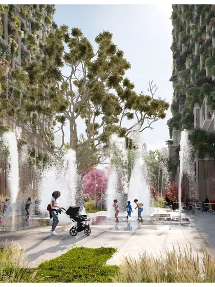 The interactive water plaza at Sky Gardens provides a refreshing and playful amenity for residents and their families.