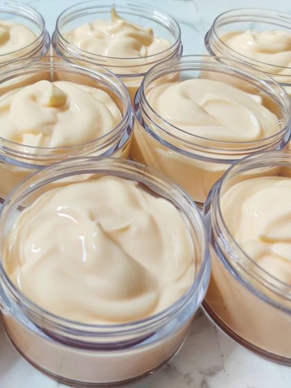 A fresh batch of my face cream, ready to be packed. This cream has a light, smooth consistency that absorbs quickly, leaving skin feeling soft and nourished.