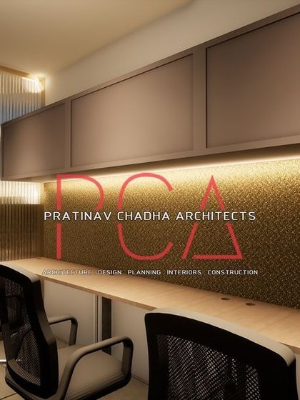 A render of a workstation area for the Hari Mandir office, featuring warm lighting and textured back panels.