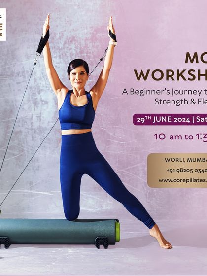 This is an announcement for my beginner's MOTR workshop. It's a journey to core strength and flexibility, perfect for those new to Pilates who want to transform their bodies and minds.