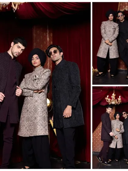 This collage showcases the versatility of our Indo-Western collection, featuring jacquard sherwanis and pathani suit sets for grooms and groomsmen.