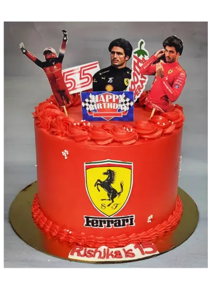 A bold red Ferrari theme cake for a 13th birthday. This is a soft chocolate truffle cake, perfect for a young racing fan.