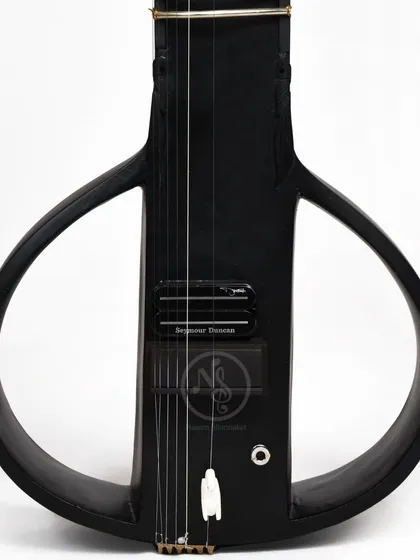 A close-up of our black electric sitar's modern, minimalist body design. It features a Seymour Duncan pickup for a high-quality electric tone.