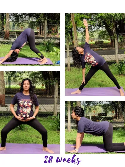 This mama at 28 weeks is practicing outdoors, connecting her breath with movement in poses like Downward-Facing Dog and Goddess Pose.