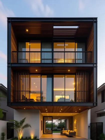 A frontal view of a modern home where we provided a complete facade solution. This includes the large windows, balcony railings, and the striking vertical louvers that offer privacy for the bedrooms.