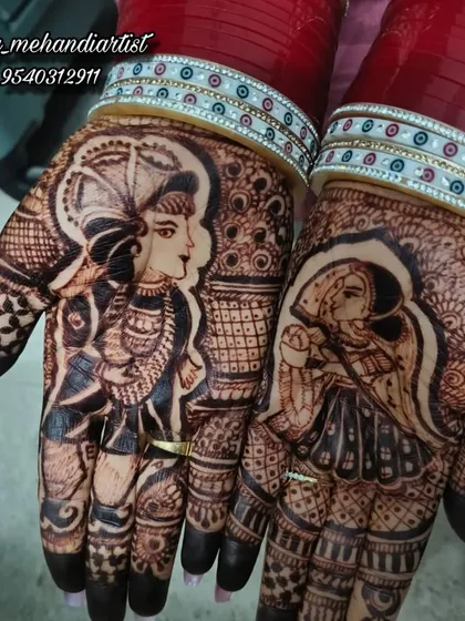 The final stain is my promise to you. This photo shows the rich, dark color achieved with my 100% natural, self-made henna paste. Look at the clarity of the bride and groom portraits, a testament to the quality of my work.