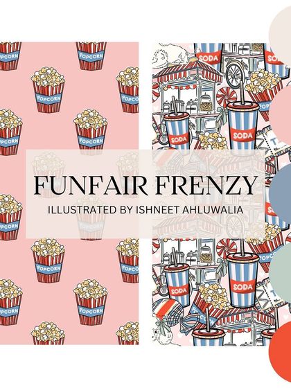 The title card for my 'Funfair Frenzy' collection, complete with a retro colour palette. This collection is inspired by the nostalgia of carnivals, with patterns of popcorn, soda, and candy.