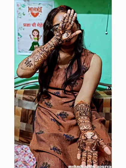 This view shows how the mehendi design wraps around the arm. You can see the side details and how the patterns on the front and back of the hand connect seamlessly.