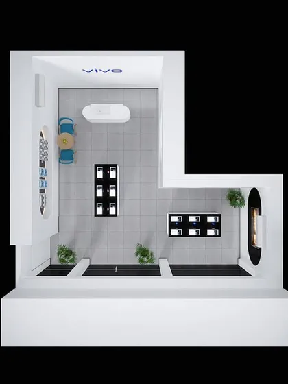 A top-down 3D view of a retail store layout for a mobile phone brand. This shows our meticulous space planning to ensure efficient use of floor space for displays, seating, and circulation.