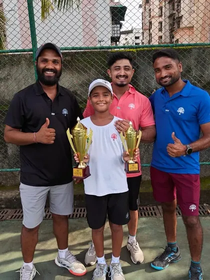 Aarav Chhallani with his coaches after finishing as Singles and Doubles Runner-up at the U-12 National Series in Hyderabad.