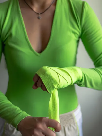 A detail shot from the fitness campaign. The neon green ribbon was a key visual element we used to add a pop of color and energy.