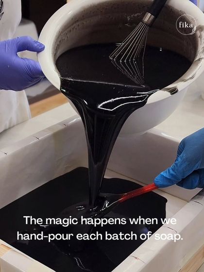 The magic happens when I hand-pour each batch of soap. This rich, dark batter for my charcoal soap shows the beginning of a deeply detoxifying and clarifying bar, made with care.