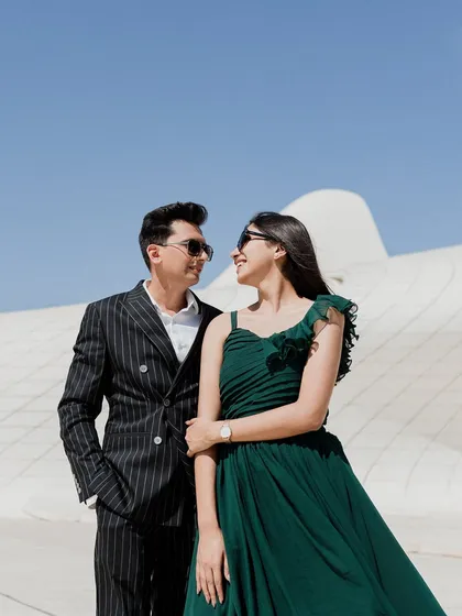 A classic romantic pre-wedding portrait in Baku. The way they look at each other tells the whole story. My job is to capture that look and preserve it forever.