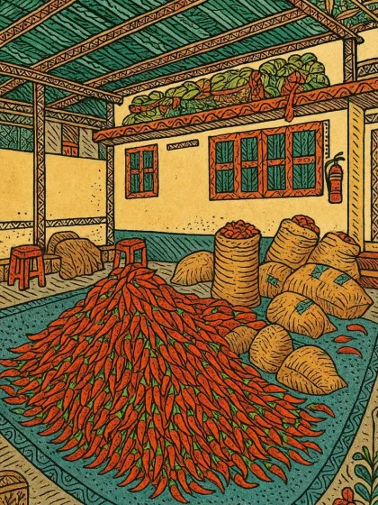 Madhubani Art: The process begins with procuring fresh Banarasi Lal Mirch. This artwork depicts a courtyard filled with bags of bright red chillies, ready to be sorted.