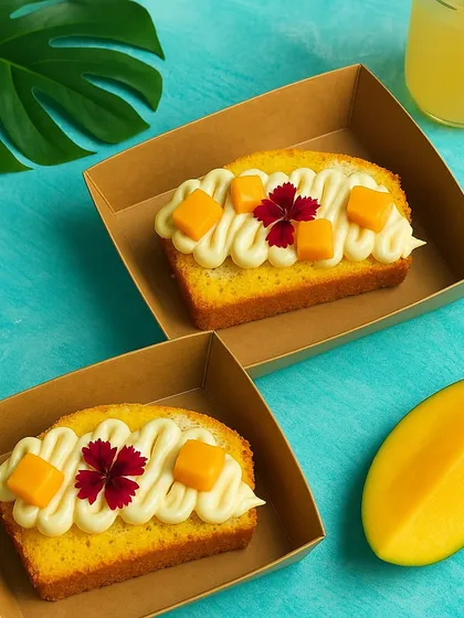 For parties and bulk orders, I offer individual cake slices. Here are two of my popular flavors: the tropical Coconut Mango and the rich Choco Pistachio marble cake slices.