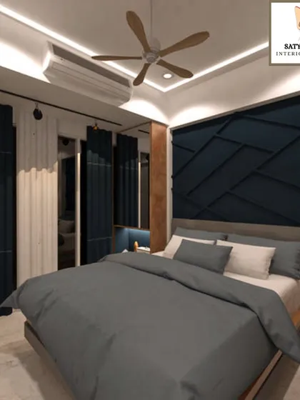 A modern bedroom concept with a dark geometric accent wall and sleek, simple furniture.