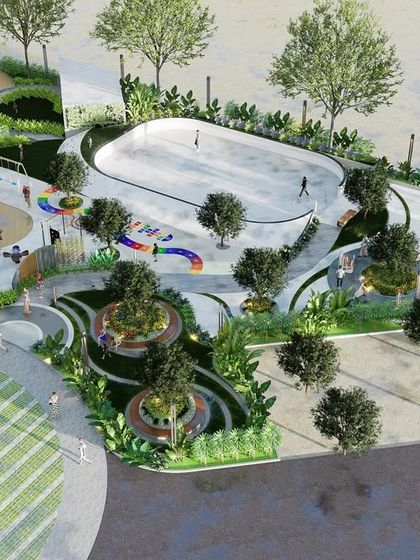 An aerial view of the active zone in the Sattva masterplan, featuring a skate park and a colorful children's play area. The design uses fluid forms to connect different recreational zones, providing diverse amenities for all age groups within a cohesive landscape.