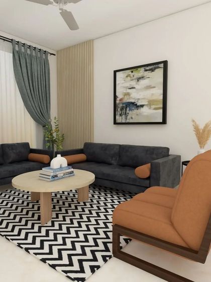 A 3D design for a living room with a Scandinavian feel. The space uses earthy tones, a dark sofa with a chevron rug, and a simple wooden TV unit to create a tranquil and modern look.