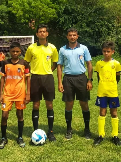The captains for our U13 match against Capital FA, ready for kickoff in the Delhi Future Stars Youth League.