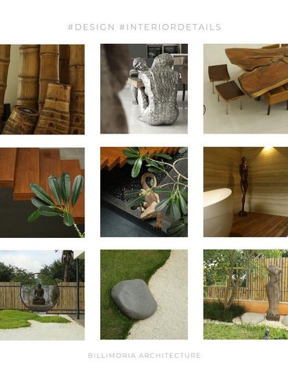 A grid showcasing various interior details from our projects. It includes natural elements like bamboo and live-edge wood, sculptural art pieces, and serene garden details, reflecting our diverse material palette.