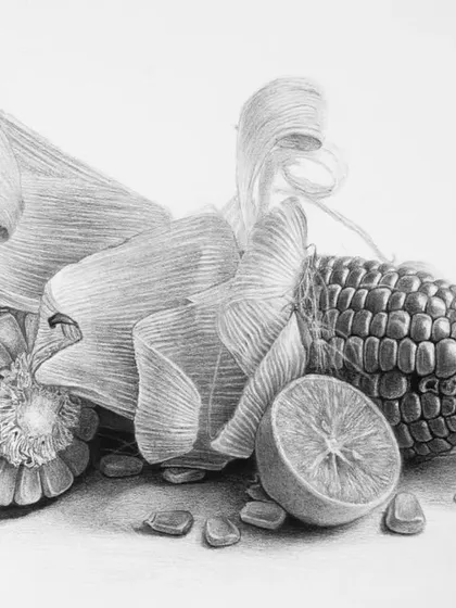 The final, signed drawing of the corn still life, a piece that truly tested my patience and attention to detail.