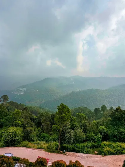 The misty, layered mountains of Kasauli as seen from the Fortune Select Forest Hill. This landscape shot captures the moody, dramatic beauty of the Himachal monsoon season.
