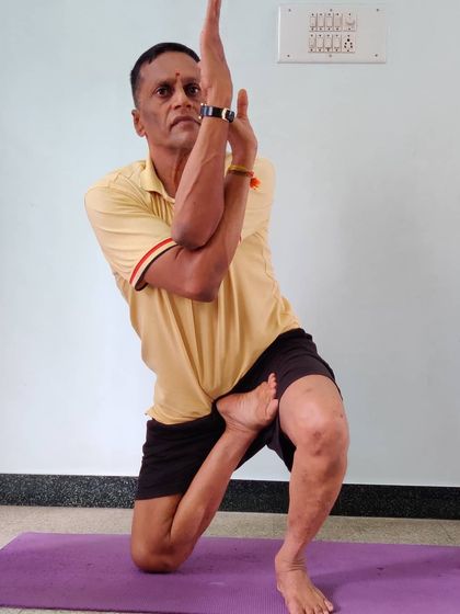 Vaataayanasana (Horse Pose). A challenging standing balance that requires deep hip opening and stability in the standing leg.