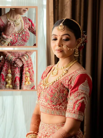 A collage showcasing the bride's final look, with close-ups on her jewelry and the intricate embroidery of her red lehenga.