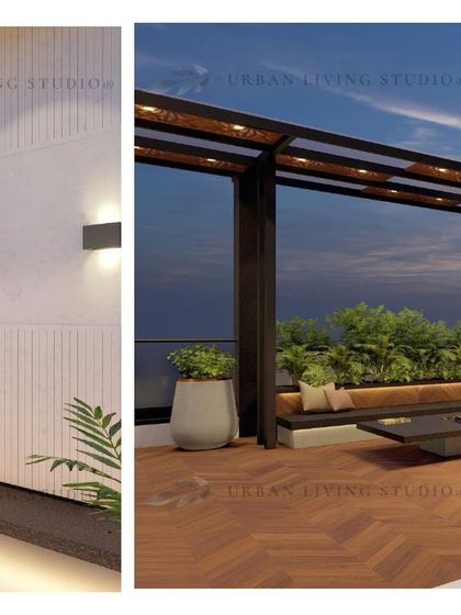 A design concept for a terrace in Gurgaon. This render showcases a modern pergola with a built-in fireplace and seating area, set against a backdrop of lush greenery.