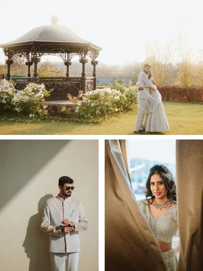 This collage showcases a variety of shots from a single modern shoot. It includes a romantic embrace, a stylish solo portrait of the groom, and an artistic shot of the bride, demonstrating the range of a gallery.