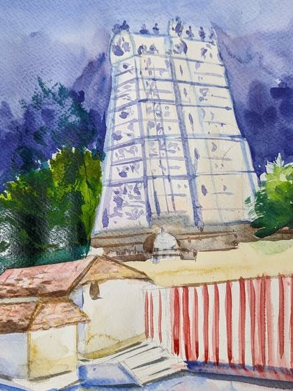 A detailed watercolor study of a South Indian temple gopuram. The artist has skillfully captured the intricate architecture and the dramatic sky.