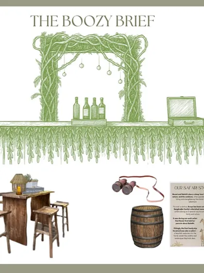 The initial design sketch, or 'Boozy Brief', for the safari-themed bar. This is where the concept begins, outlining the key elements like the vine-covered bar, barrel tables, and personal story cards.
